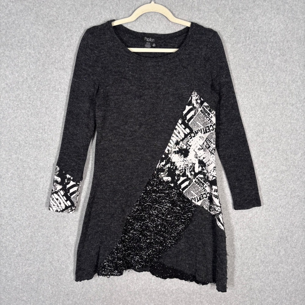 Papillon Tunic Sweater Medium Charcoal Asymmetric Patchwork Mixed Media Graphic